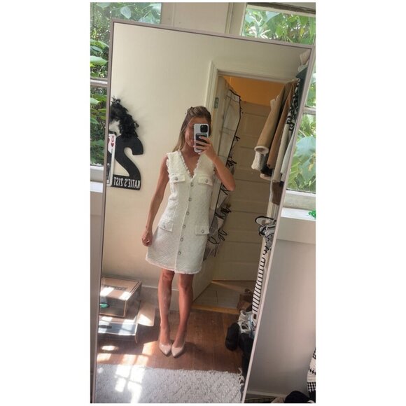 Anthropologie BHLDN Ella V-Neck Pearl Tweed Mini Dress in White Size Medium - Picture 4 of 15